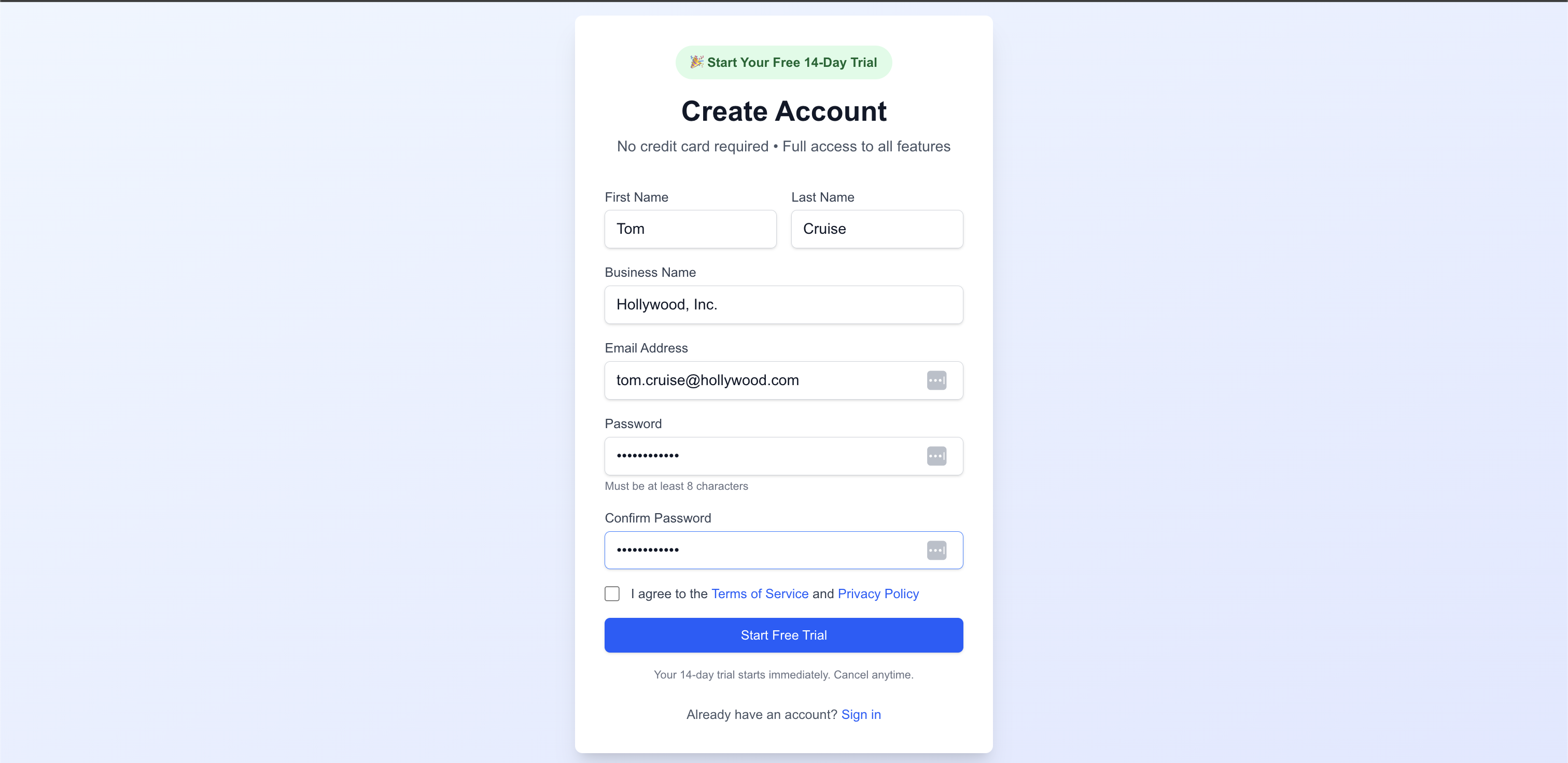 Sign up form showing business name, email, and password fields